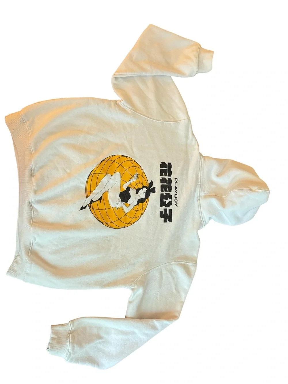 PLAYBOY Cream Hoodie with Black Graphic and Yellow Globe